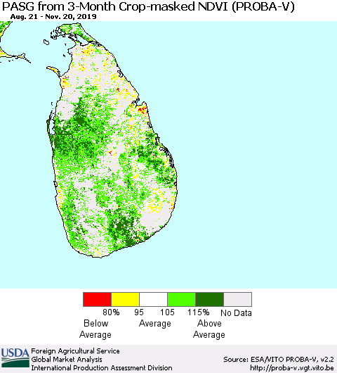 Sri Lanka PASG from 3-Month Crop-masked NDVI (PROBA-V) Thematic Map For 11/11/2019 - 11/20/2019