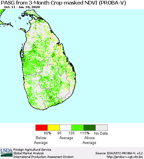 Sri Lanka PASG from 3-Month Crop-masked NDVI (PROBA-V) Thematic Map For 1/1/2020 - 1/10/2020