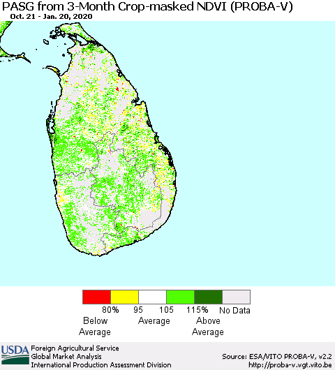 Sri Lanka PASG from 3-Month Crop-masked NDVI (PROBA-V) Thematic Map For 1/11/2020 - 1/20/2020