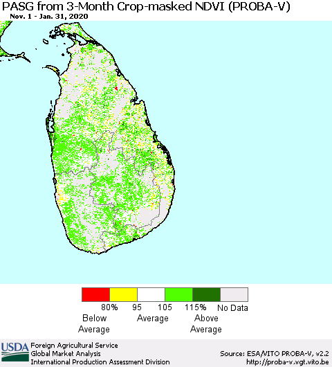 Sri Lanka PASG from 3-Month Crop-masked NDVI (PROBA-V) Thematic Map For 1/21/2020 - 1/31/2020