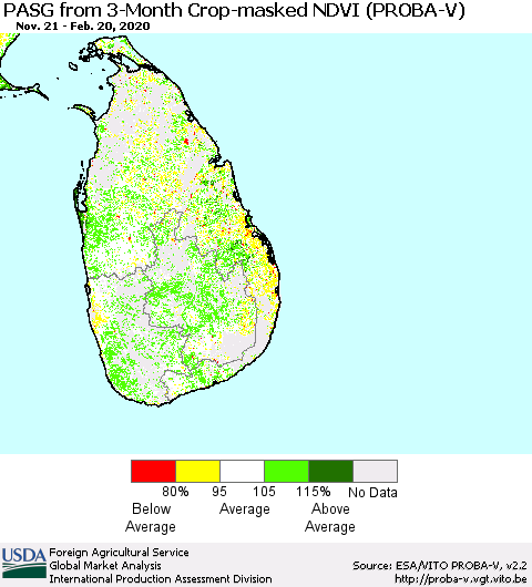 Sri Lanka PASG from 3-Month Crop-masked NDVI (PROBA-V) Thematic Map For 2/11/2020 - 2/20/2020