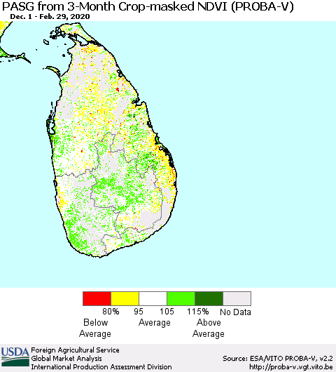 Sri Lanka PASG from 3-Month Crop-masked NDVI (PROBA-V) Thematic Map For 2/21/2020 - 2/29/2020