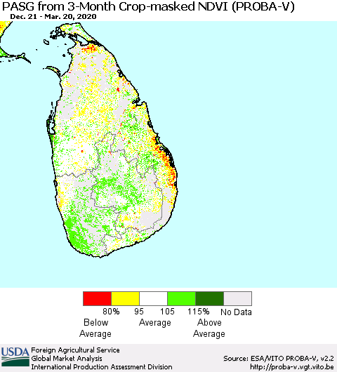 Sri Lanka PASG from 3-Month Crop-masked NDVI (PROBA-V) Thematic Map For 3/11/2020 - 3/20/2020
