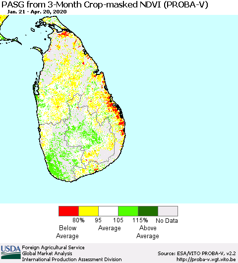 Sri Lanka PASG from 3-Month Crop-masked NDVI (PROBA-V) Thematic Map For 4/11/2020 - 4/20/2020