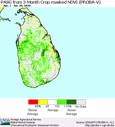 Sri Lanka PASG from 3-Month Crop-masked NDVI (PROBA-V) Thematic Map For 6/21/2020 - 6/30/2020