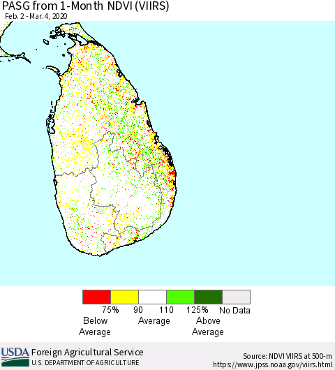 Sri Lanka PASG from 1-Month NDVI (VIIRS) Thematic Map For 3/1/2020 - 3/10/2020