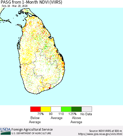 Sri Lanka PASG from 1-Month NDVI (VIIRS) Thematic Map For 3/11/2020 - 3/20/2020