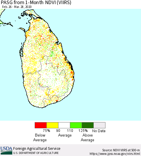 Sri Lanka PASG from 1-Month NDVI (VIIRS) Thematic Map For 3/21/2020 - 3/31/2020