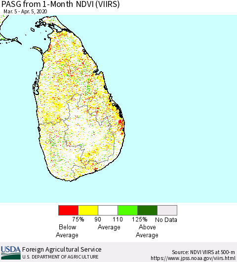Sri Lanka PASG from 1-Month NDVI (VIIRS) Thematic Map For 4/1/2020 - 4/10/2020