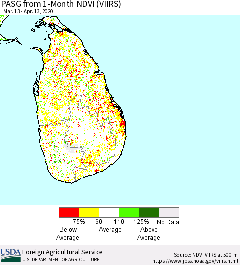 Sri Lanka PASG from 1-Month NDVI (VIIRS) Thematic Map For 4/11/2020 - 4/20/2020