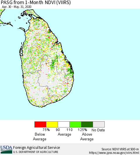 Sri Lanka PASG from 1-Month NDVI (VIIRS) Thematic Map For 5/21/2020 - 5/31/2020