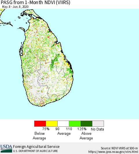 Sri Lanka PASG from 1-Month NDVI (VIIRS) Thematic Map For 6/1/2020 - 6/10/2020
