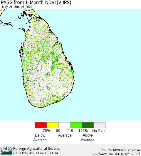 Sri Lanka PASG from 1-Month NDVI (VIIRS) Thematic Map For 6/21/2020 - 6/30/2020