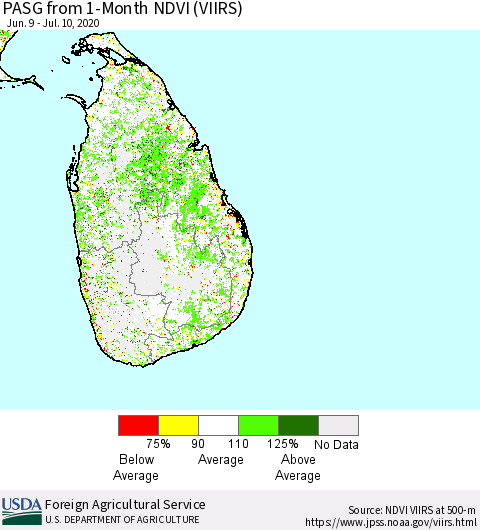 Sri Lanka PASG from 1-Month NDVI (VIIRS) Thematic Map For 7/1/2020 - 7/10/2020
