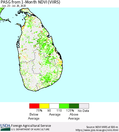 Sri Lanka PASG from 1-Month NDVI (VIIRS) Thematic Map For 7/21/2020 - 7/31/2020