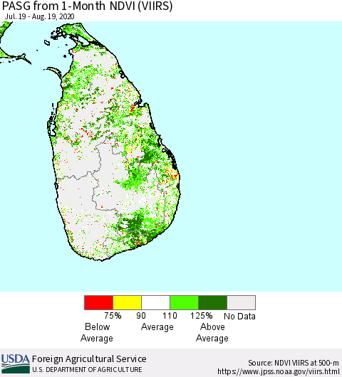Sri Lanka PASG from 1-Month NDVI (VIIRS) Thematic Map For 8/11/2020 - 8/20/2020