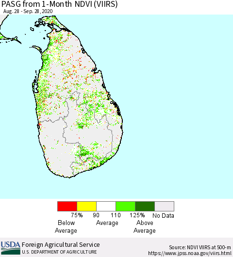 Sri Lanka PASG from 1-Month NDVI (VIIRS) Thematic Map For 9/21/2020 - 9/30/2020
