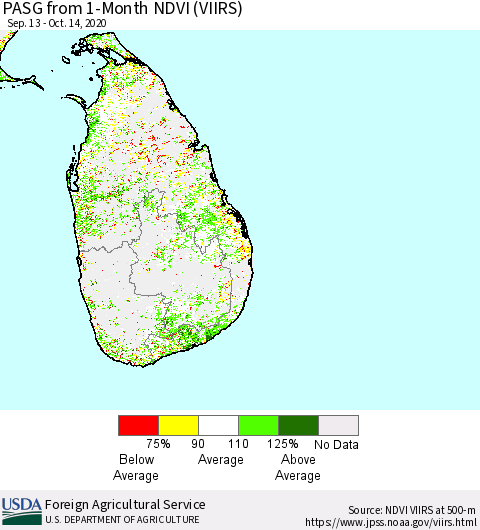 Sri Lanka PASG from 1-Month NDVI (VIIRS) Thematic Map For 10/11/2020 - 10/20/2020