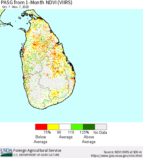Sri Lanka PASG from 1-Month NDVI (VIIRS) Thematic Map For 11/1/2020 - 11/10/2020