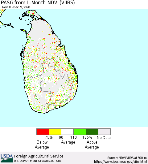 Sri Lanka PASG from 1-Month NDVI (VIIRS) Thematic Map For 12/1/2020 - 12/10/2020