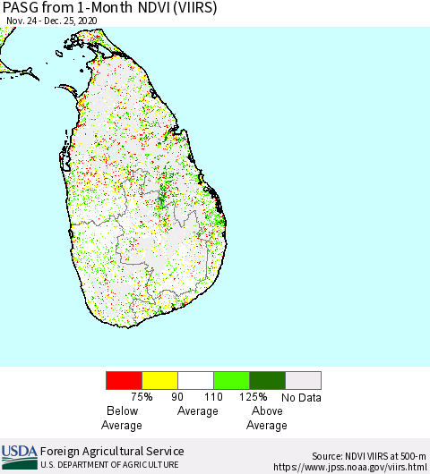 Sri Lanka PASG from 1-Month NDVI (VIIRS) Thematic Map For 12/21/2020 - 12/31/2020