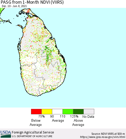 Sri Lanka PASG from 1-Month NDVI (VIIRS) Thematic Map For 1/1/2021 - 1/10/2021