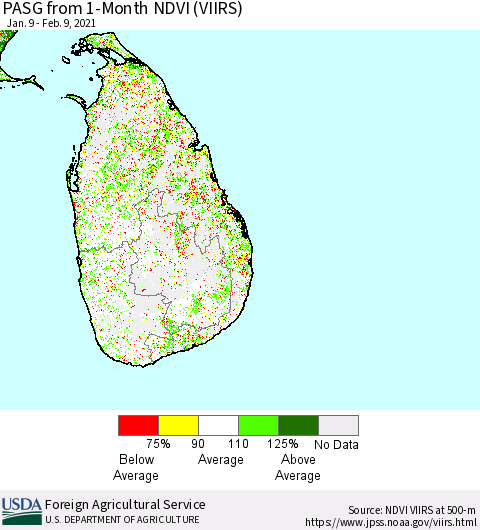 Sri Lanka PASG from 1-Month NDVI (VIIRS) Thematic Map For 2/1/2021 - 2/10/2021
