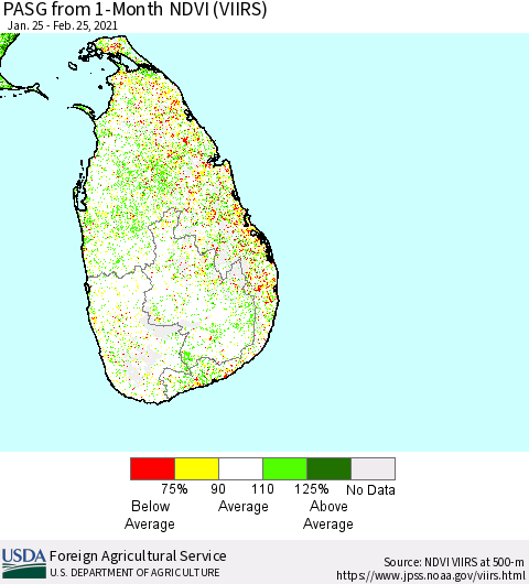Sri Lanka PASG from 1-Month NDVI (VIIRS) Thematic Map For 2/21/2021 - 2/28/2021