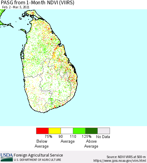 Sri Lanka PASG from 1-Month NDVI (VIIRS) Thematic Map For 3/1/2021 - 3/10/2021