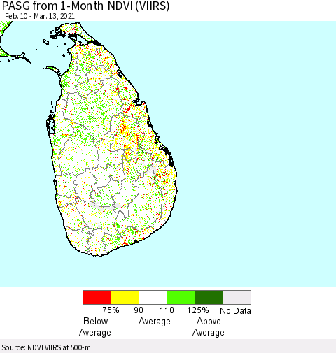 Sri Lanka PASG from 1-Month NDVI (VIIRS) Thematic Map For 3/6/2021 - 3/13/2021