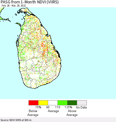 Sri Lanka PASG from 1-Month NDVI (VIIRS) Thematic Map For 3/22/2021 - 3/29/2021