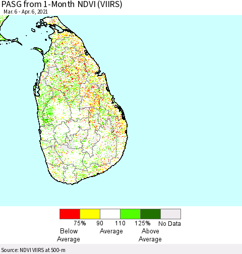 Sri Lanka PASG from 1-Month NDVI (VIIRS) Thematic Map For 3/30/2021 - 4/6/2021