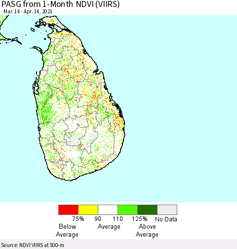 Sri Lanka PASG from 1-Month NDVI (VIIRS) Thematic Map For 4/7/2021 - 4/14/2021