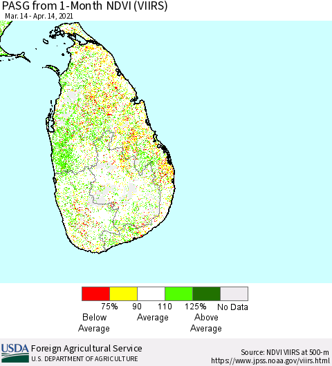Sri Lanka PASG from 1-Month NDVI (VIIRS) Thematic Map For 4/11/2021 - 4/20/2021