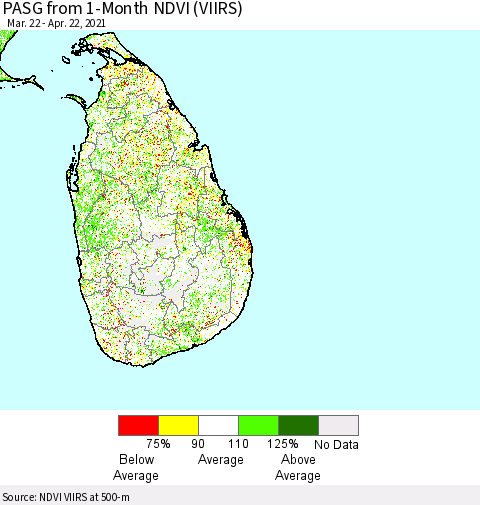 Sri Lanka PASG from 1-Month NDVI (VIIRS) Thematic Map For 4/15/2021 - 4/22/2021