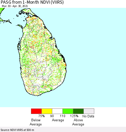 Sri Lanka PASG from 1-Month NDVI (VIIRS) Thematic Map For 4/23/2021 - 4/30/2021