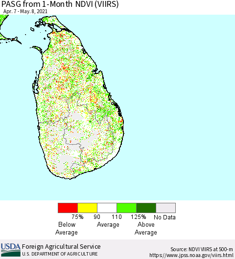 Sri Lanka PASG from 1-Month NDVI (VIIRS) Thematic Map For 5/1/2021 - 5/10/2021