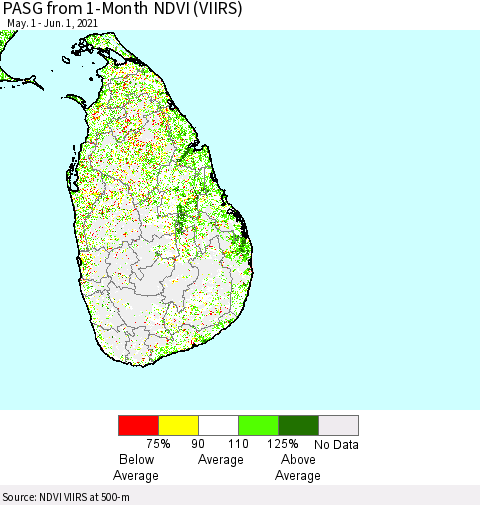 Sri Lanka PASG from 1-Month NDVI (VIIRS) Thematic Map For 5/25/2021 - 6/1/2021