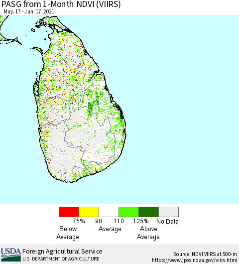 Sri Lanka PASG from 1-Month NDVI (VIIRS) Thematic Map For 6/11/2021 - 6/20/2021