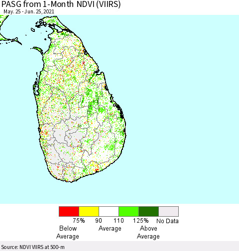Sri Lanka PASG from 1-Month NDVI (VIIRS) Thematic Map For 6/18/2021 - 6/25/2021