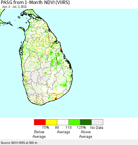 Sri Lanka PASG from 1-Month NDVI (VIIRS) Thematic Map For 6/26/2021 - 7/3/2021