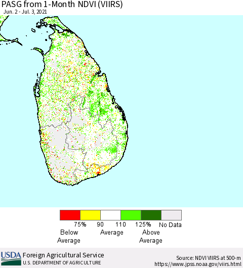 Sri Lanka PASG from 1-Month NDVI (VIIRS) Thematic Map For 7/1/2021 - 7/10/2021