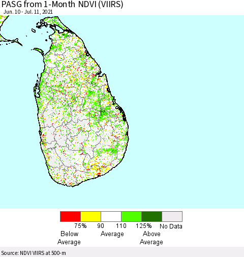 Sri Lanka PASG from 1-Month NDVI (VIIRS) Thematic Map For 7/4/2021 - 7/11/2021