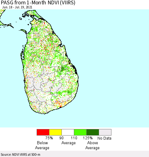 Sri Lanka PASG from 1-Month NDVI (VIIRS) Thematic Map For 7/12/2021 - 7/19/2021