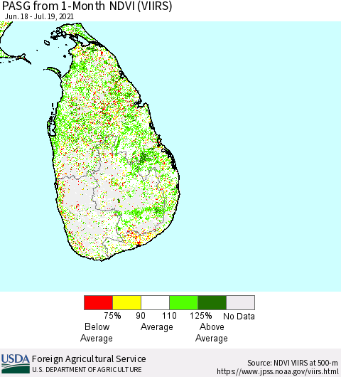 Sri Lanka PASG from 1-Month NDVI (VIIRS) Thematic Map For 7/11/2021 - 7/20/2021