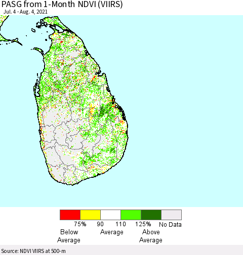 Sri Lanka PASG from 1-Month NDVI (VIIRS) Thematic Map For 7/28/2021 - 8/4/2021