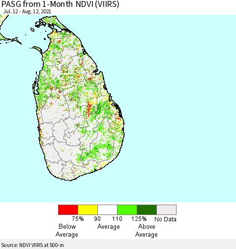 Sri Lanka PASG from 1-Month NDVI (VIIRS) Thematic Map For 8/5/2021 - 8/12/2021