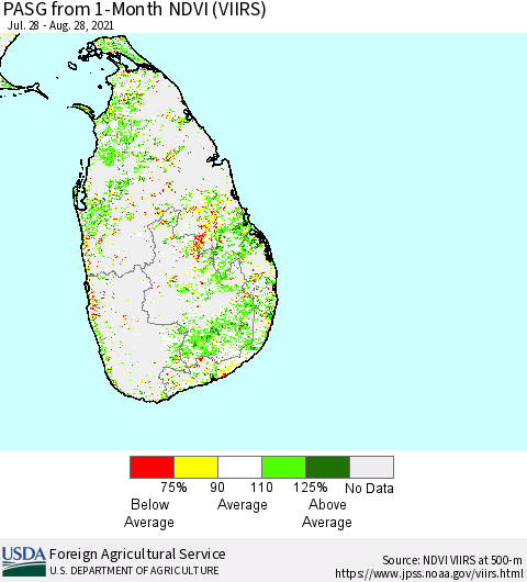 Sri Lanka PASG from 1-Month NDVI (VIIRS) Thematic Map For 8/21/2021 - 8/31/2021