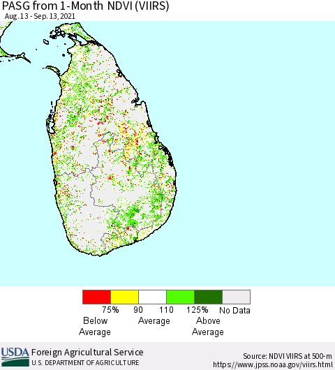 Sri Lanka PASG from 1-Month NDVI (VIIRS) Thematic Map For 9/11/2021 - 9/20/2021