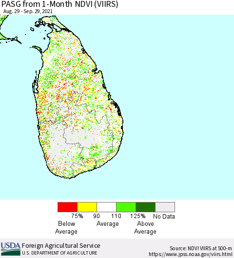 Sri Lanka PASG from 1-Month NDVI (VIIRS) Thematic Map For 9/21/2021 - 9/30/2021